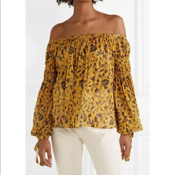 Ulla Johnson Farai Off the Shoulder Floral Print Silk Cotton Lurex Blend Blouse - Picture 1 of 16